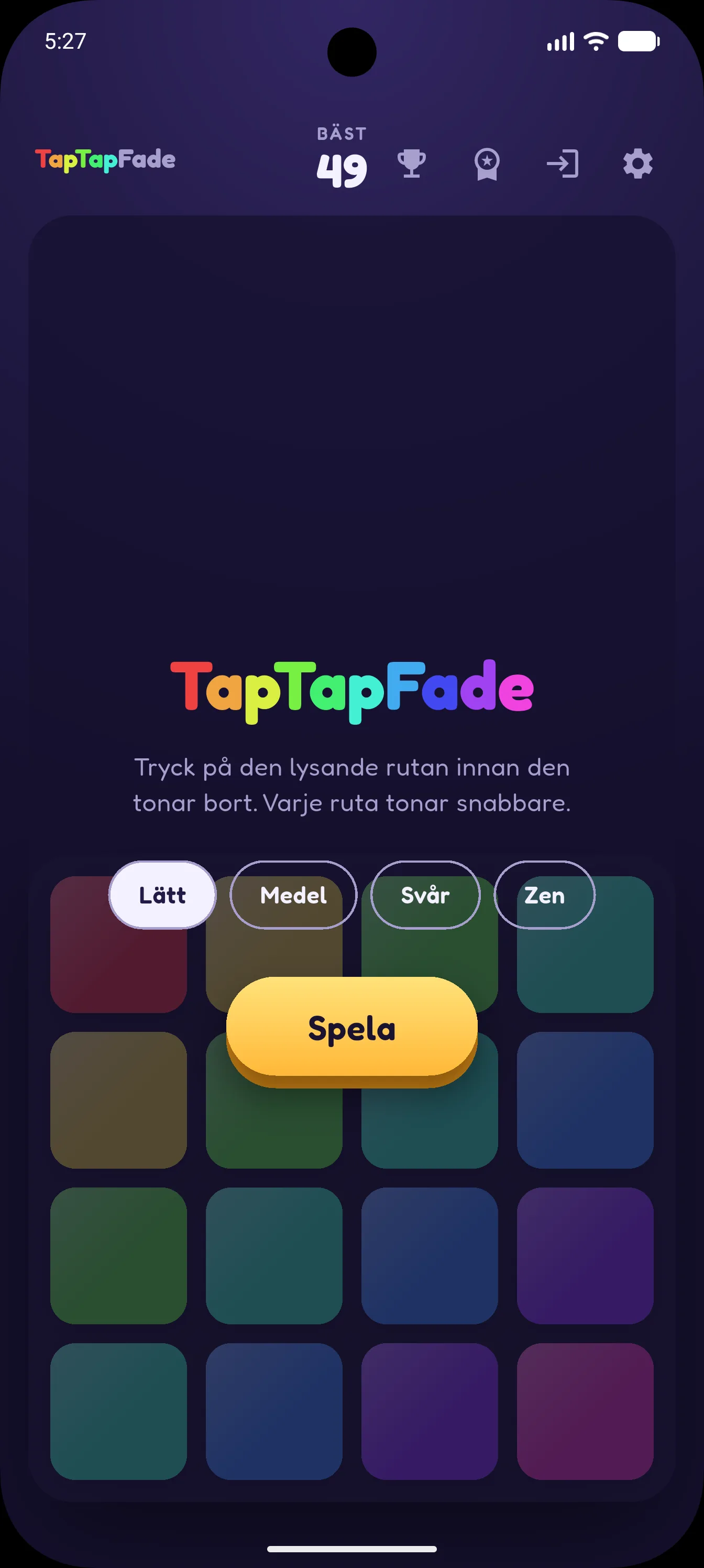 TapTapFade — startskärmen