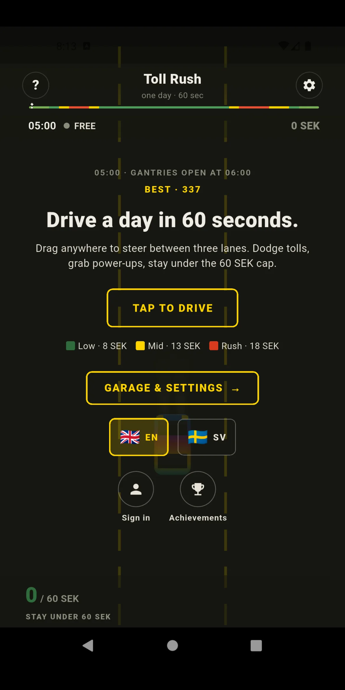 Toll Rush start screen